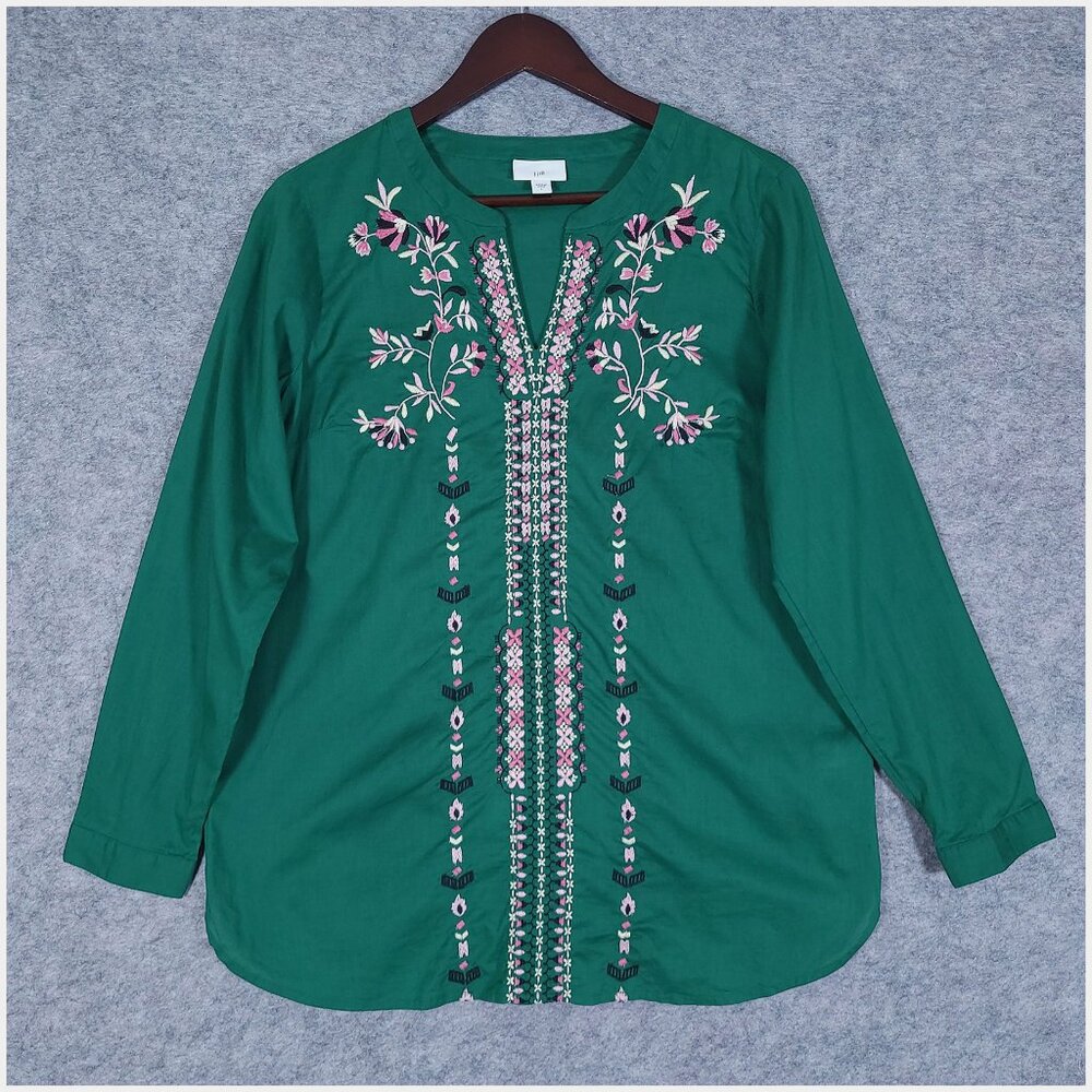 J. Jill Womens Embroidered Cotton Popover Split Neck Tunic Green Boho Small